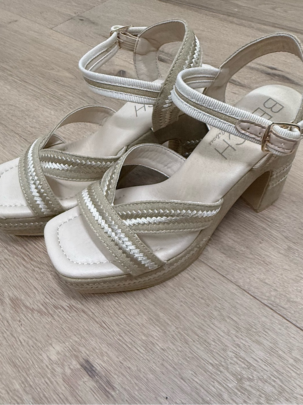 Neutral Braided Strap Block Heel Sandals with Ankle Buckle